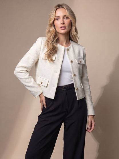 Women's Cropped Tweed Collarless Blazer with Gold Buttons and Flap Pockets