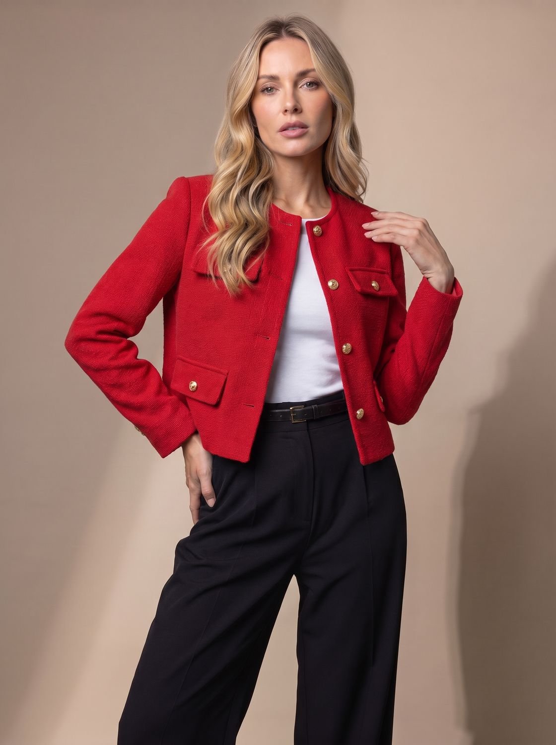 Women's Cropped Tweed Collarless Blazer with Gold Buttons and Flap Pockets