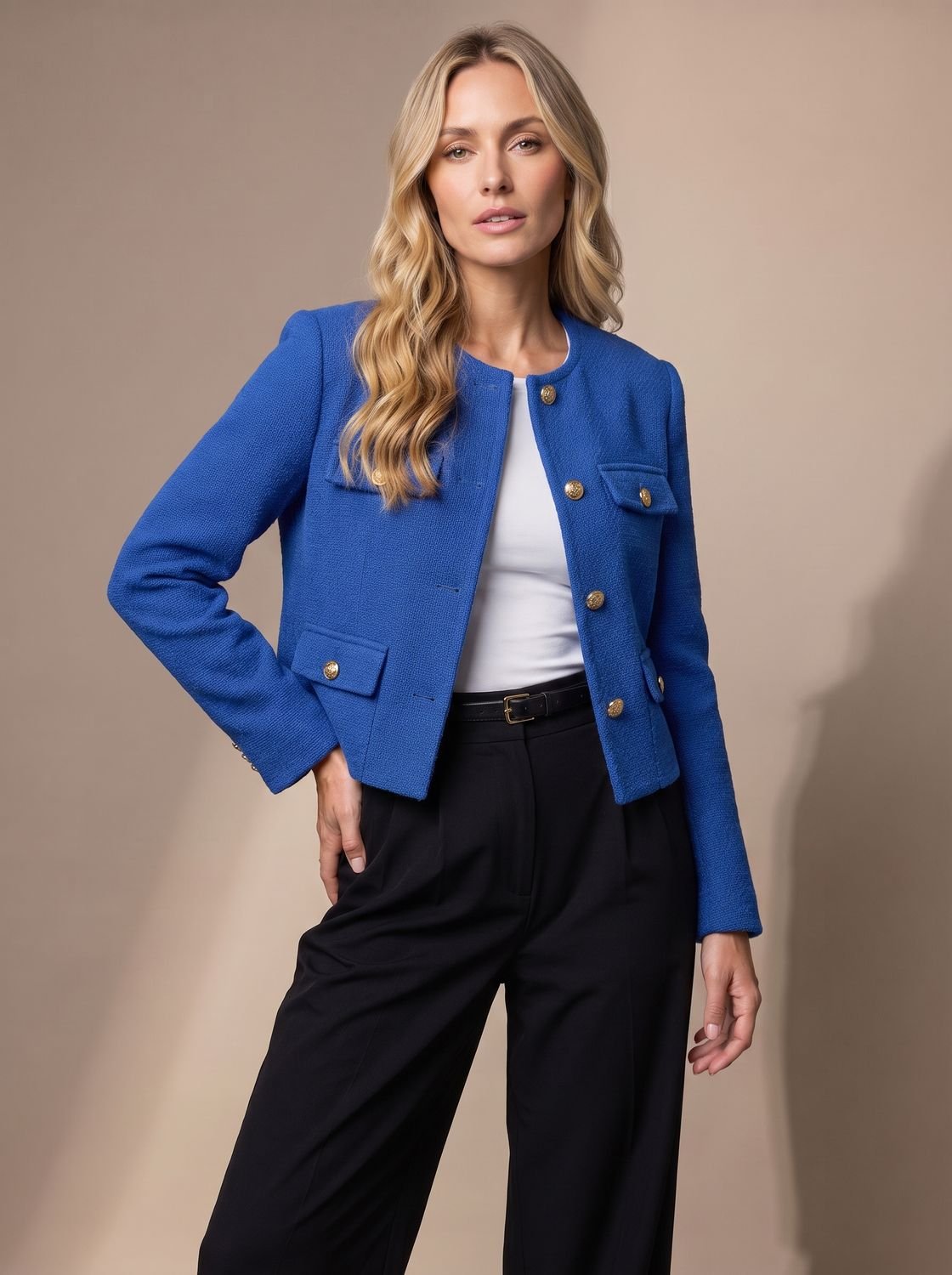 Women's Cropped Tweed Collarless Blazer with Gold Buttons and Flap Pockets
