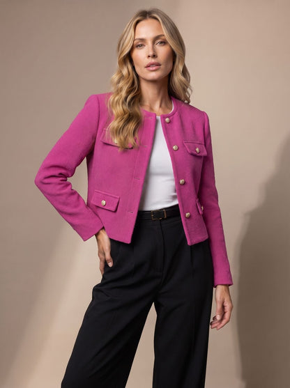 Women's Cropped Tweed Collarless Blazer with Gold Buttons and Flap Pockets