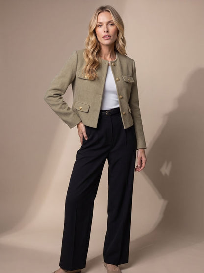 Women's Cropped Tweed Collarless Blazer with Gold Buttons and Flap Pockets