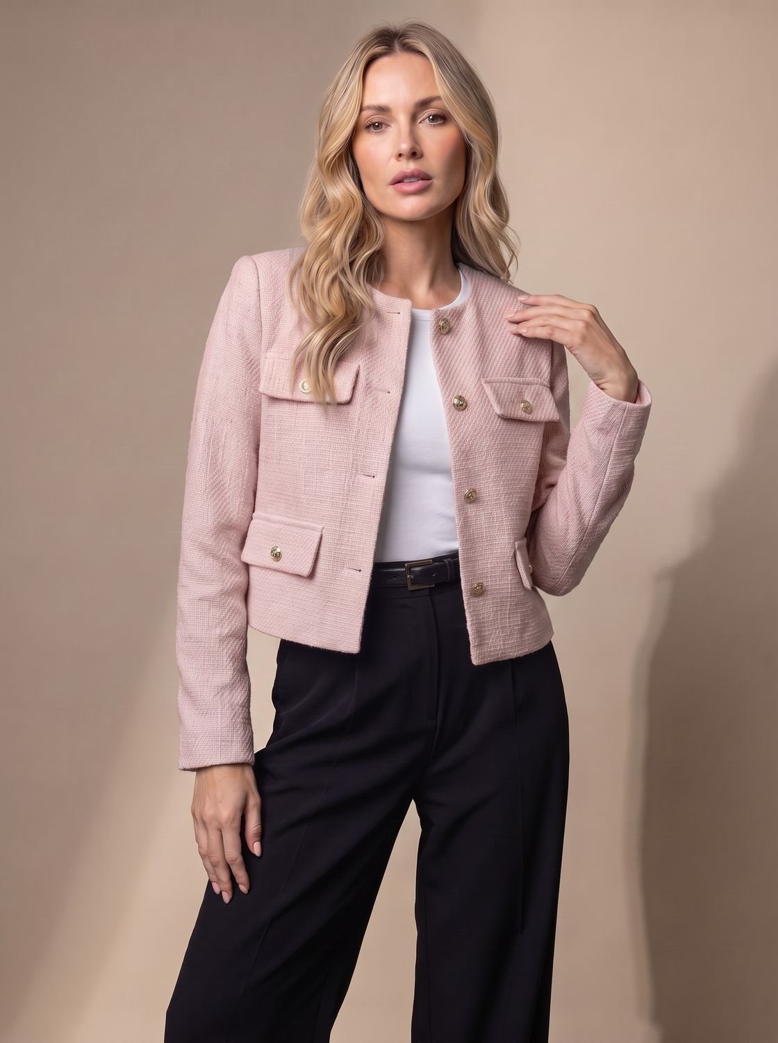 Women's Cropped Tweed Collarless Blazer with Gold Buttons and Flap Pockets