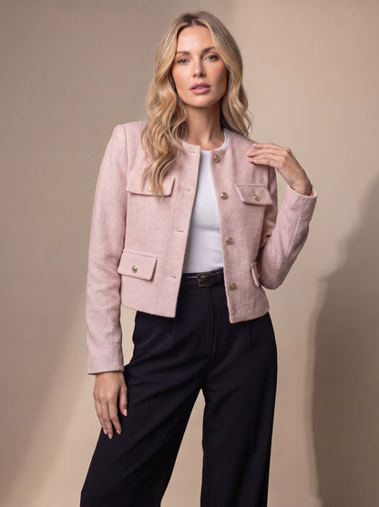 Women's Cropped Tweed Collarless Blazer with Gold Buttons and Flap Pockets