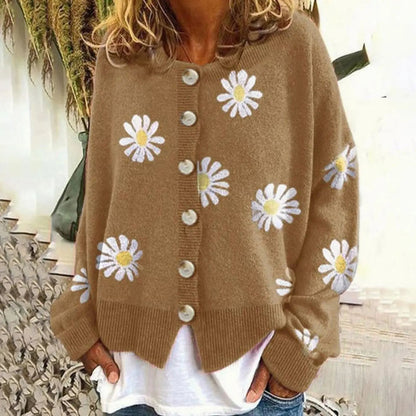 Women's Daisy Print Button-Front Knit Cardigan