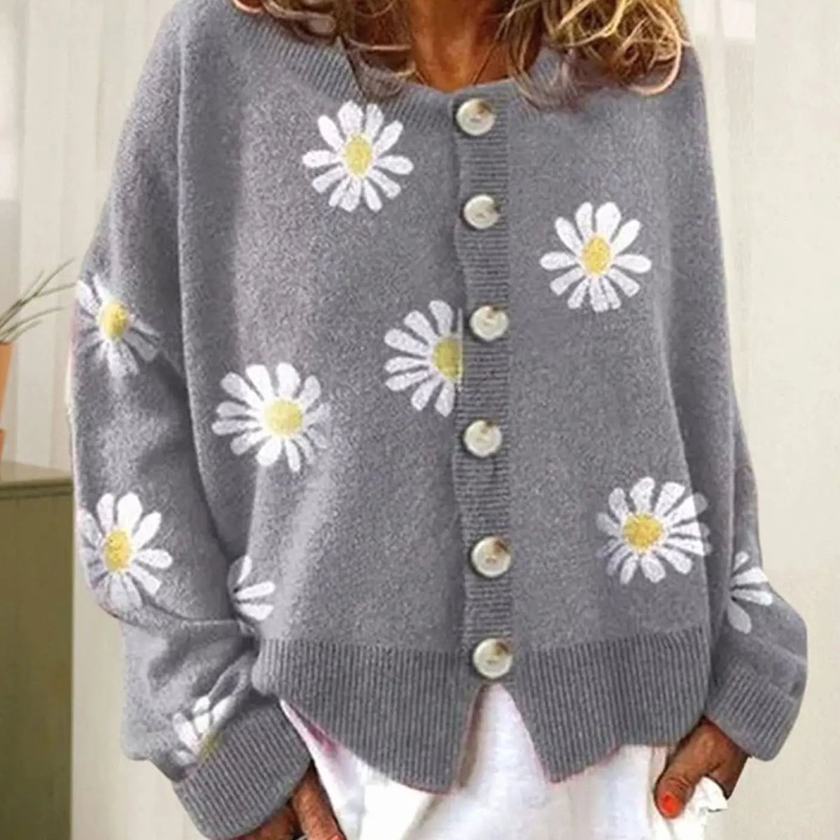 Women's Daisy Print Button-Front Knit Cardigan