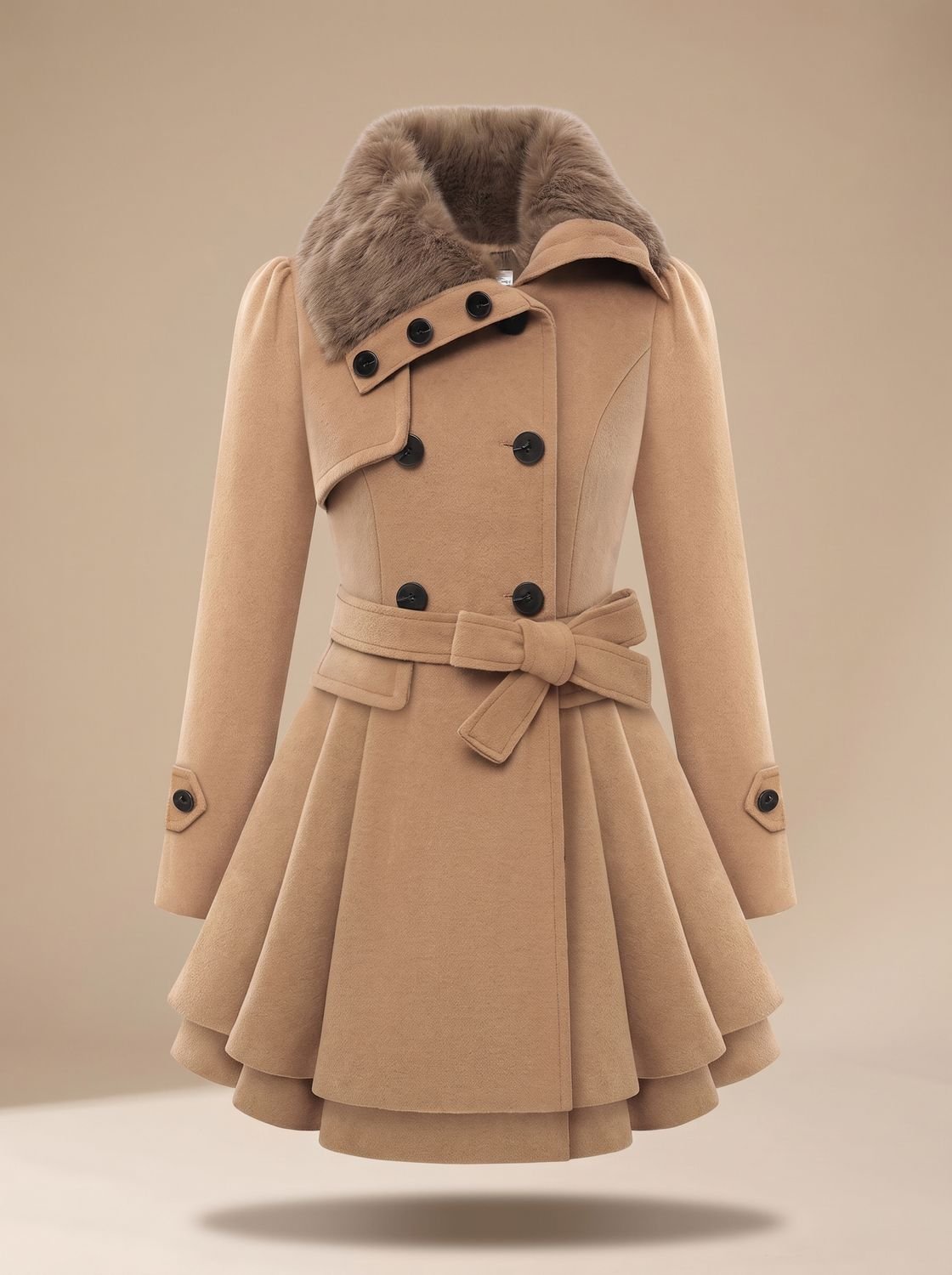 Women's Double-Breasted Faux Fur Collar Belted Wool-Blend Coat