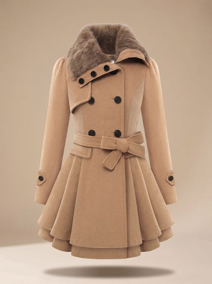 Women's Double-Breasted Faux Fur Collar Belted Wool-Blend Coat