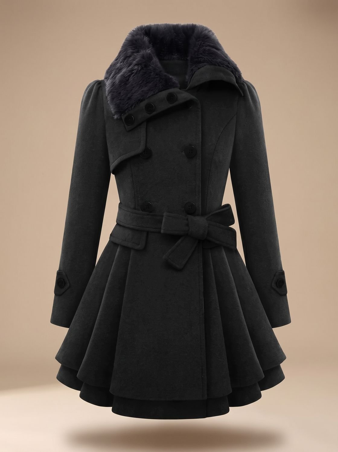 Women's Double-Breasted Faux Fur Collar Belted Wool-Blend Coat
