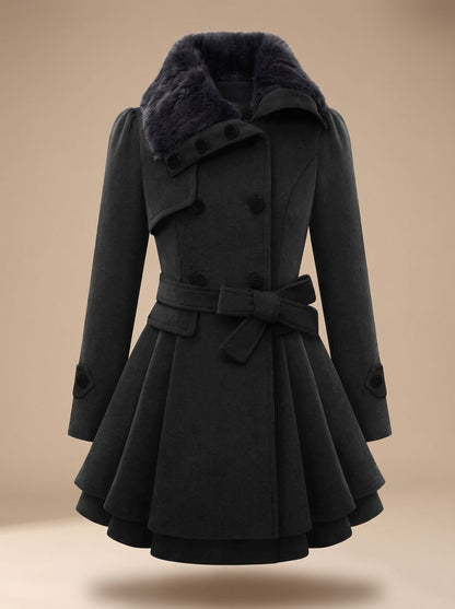 Women's Double-Breasted Faux Fur Collar Belted Wool-Blend Coat