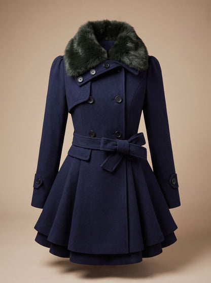 Women's Double-Breasted Faux Fur Collar Belted Wool-Blend Coat