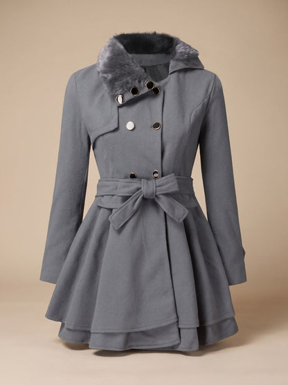 Women's Double-Breasted Faux Fur Collar Belted Wool-Blend Coat