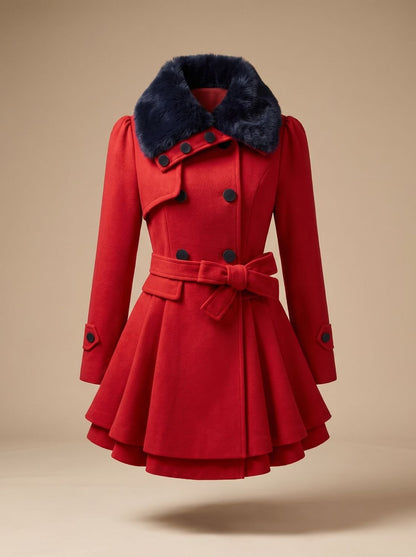 Women's Double-Breasted Faux Fur Collar Belted Wool-Blend Coat