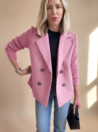 Women's Double-Breasted Fitted Blazer with Knit Sleeves