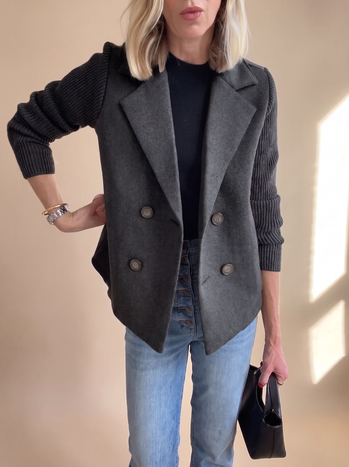 Women's Double-Breasted Fitted Blazer with Knit Sleeves