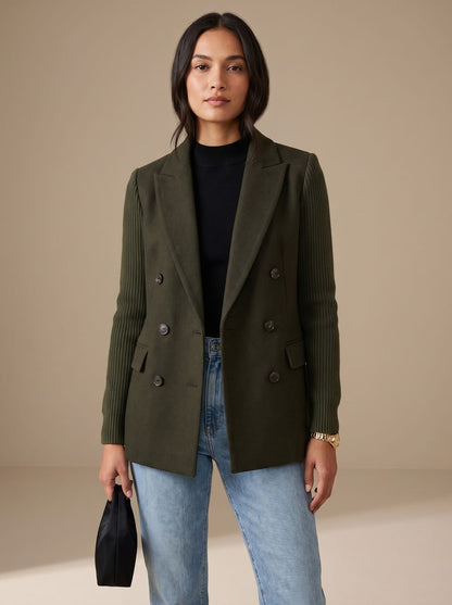 Women's Double-Breasted Fitted Blazer with Knit Sleeves