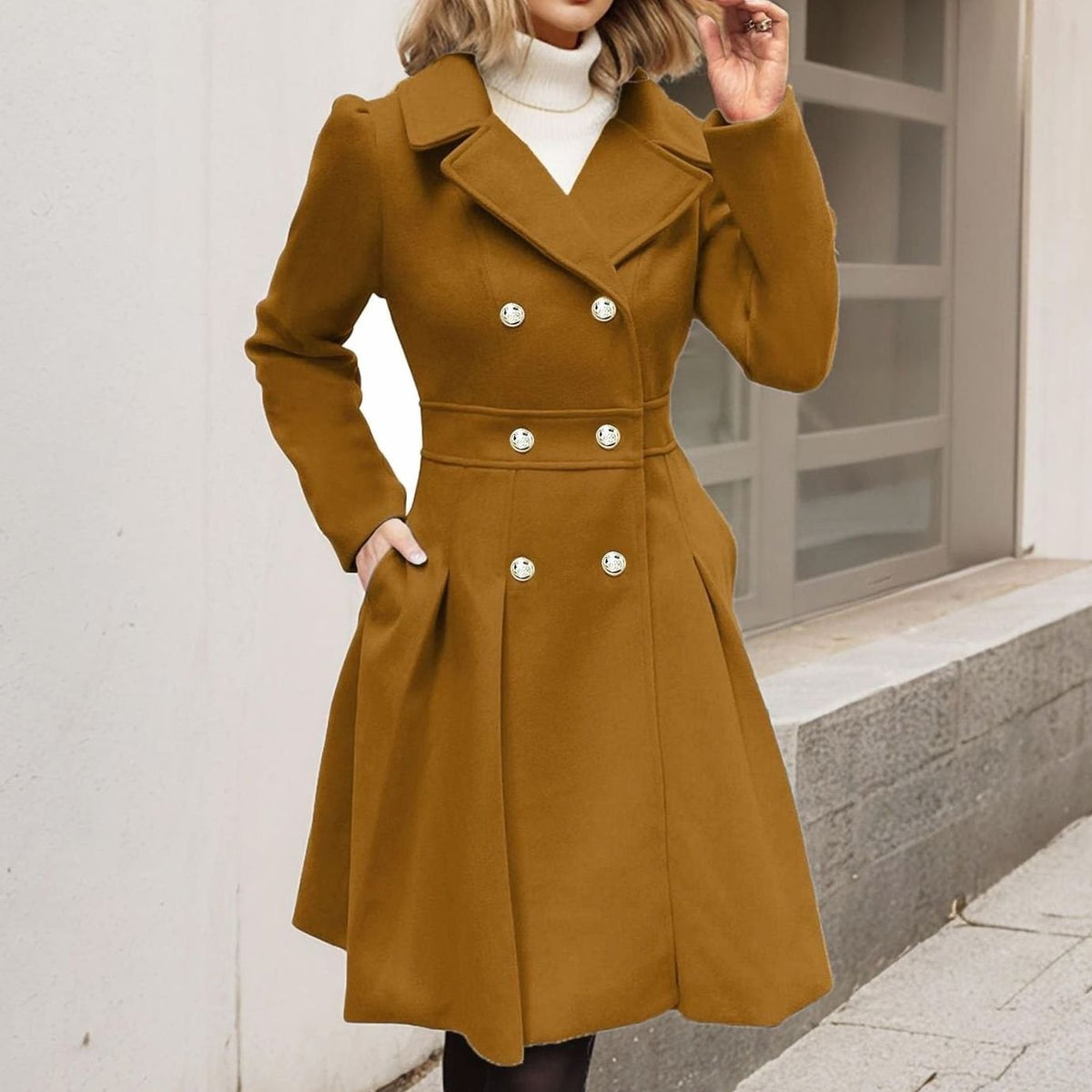 Women's Double-Breasted Flared Longline Wool-Blend Coat