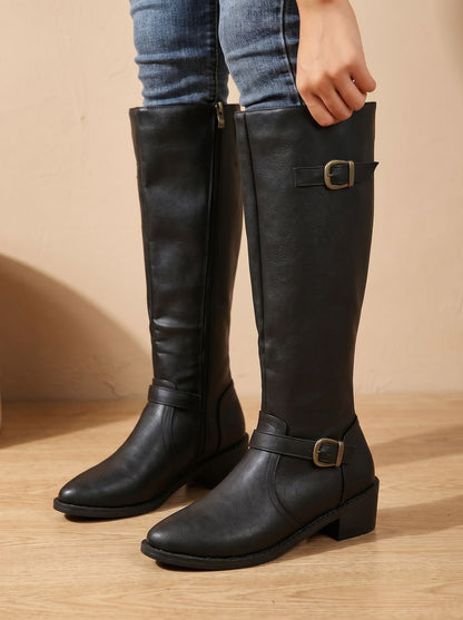 Women's Double-Buckle Knee-High Boots with Low Block Heel