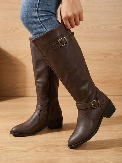 Women's Double-Buckle Knee-High Boots with Low Block Heel