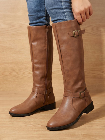 Women's Double-Buckle Knee-High Boots with Low Block Heel