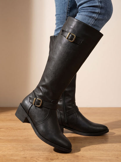 Women's Double-Buckle Knee-High Boots with Low Block Heel
