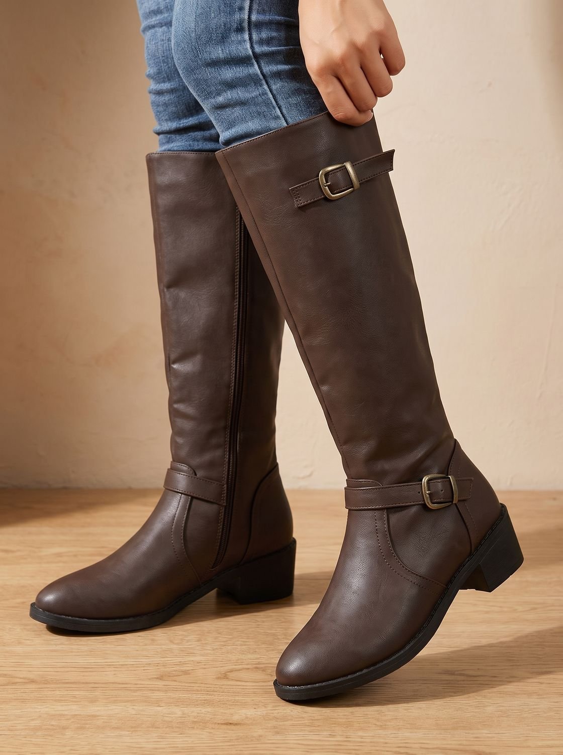 Women's Double-Buckle Knee-High Boots with Low Block Heel
