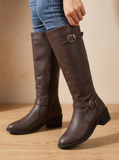 Women's Double-Buckle Knee-High Boots with Low Block Heel