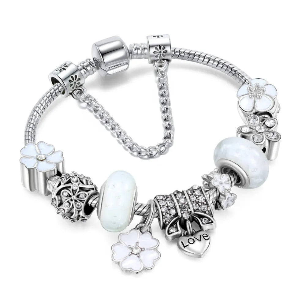 Women's Elegant Floral Charm Bracelet in 925 Sterling Silver - Nature-Inspired Design