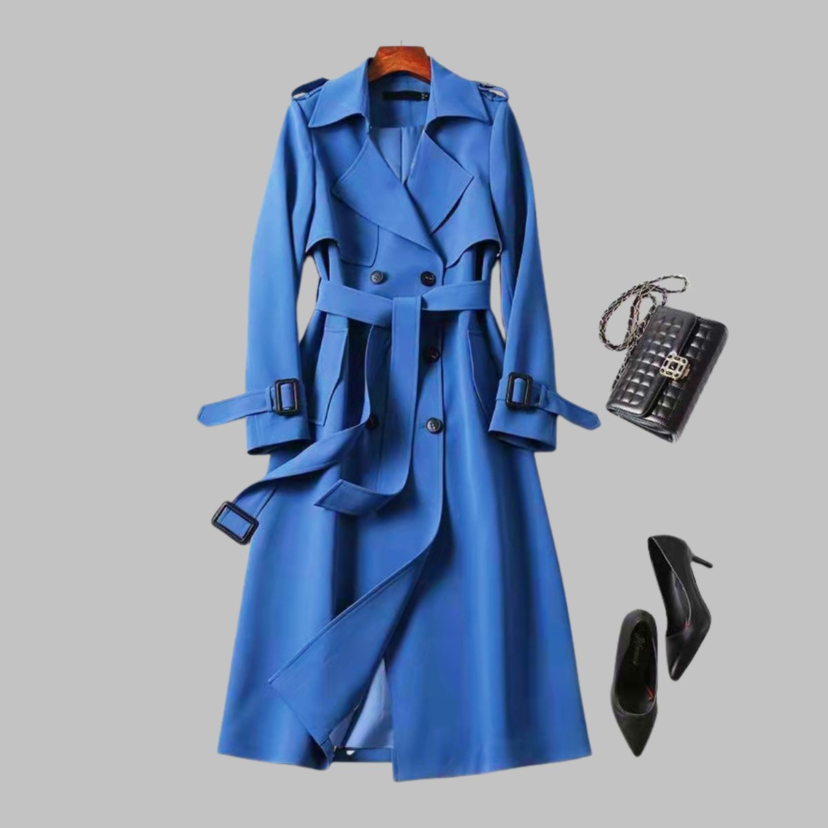 Women's Elegant Knee-Length Double-Breasted Belted Trench Coat