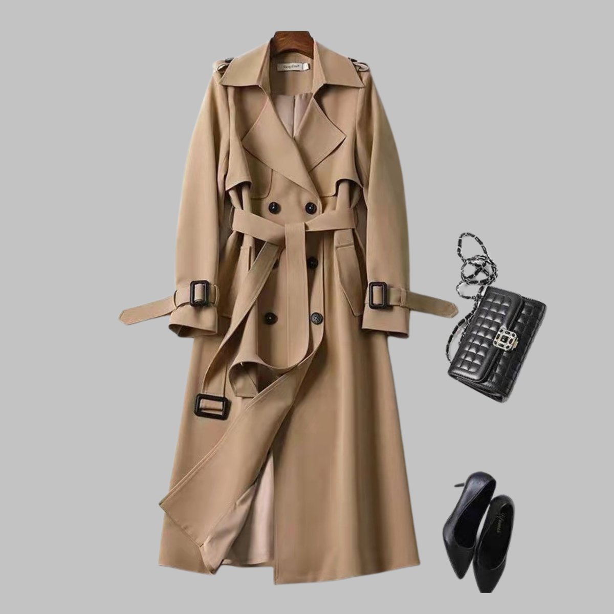 Women's Elegant Knee-Length Double-Breasted Belted Trench Coat