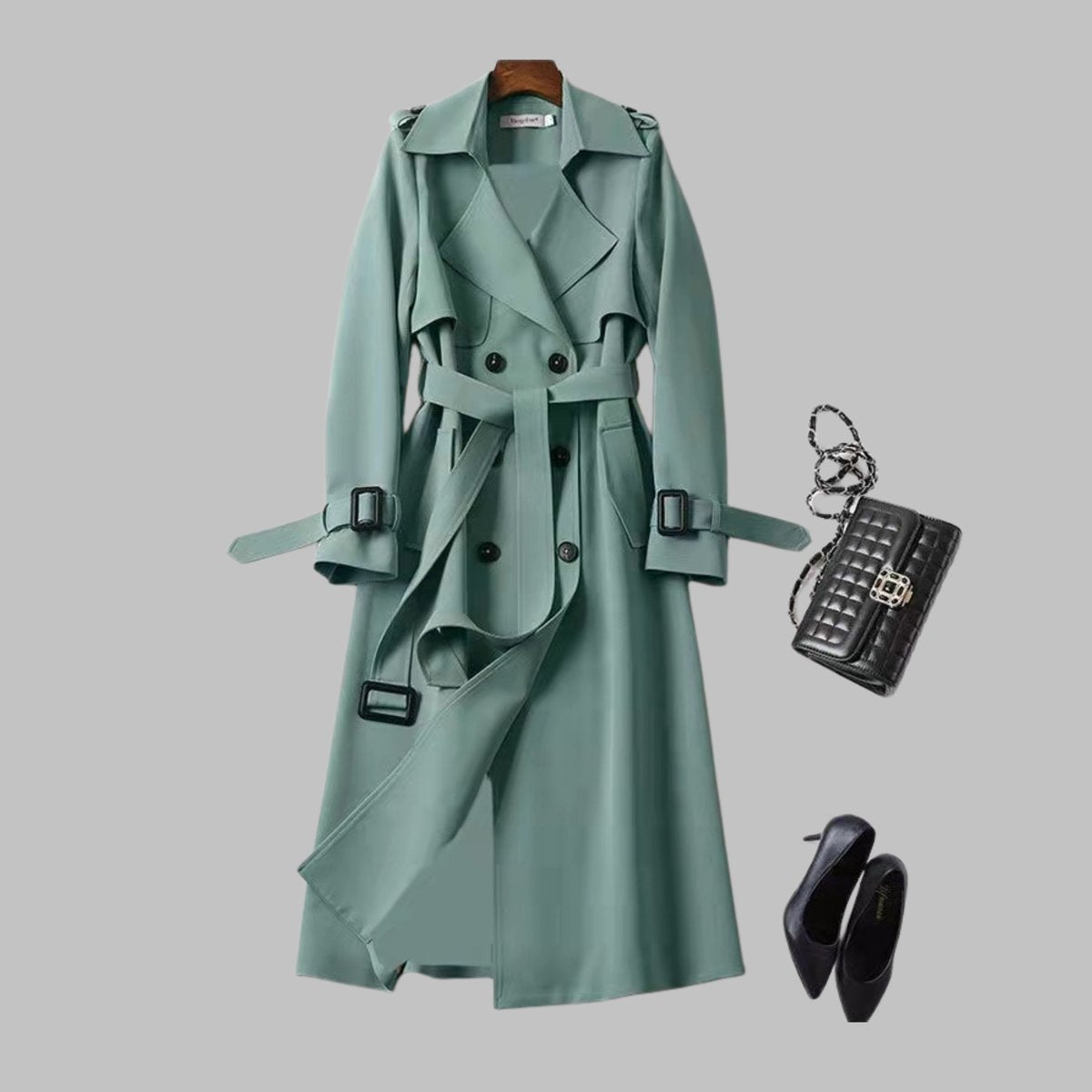 Women's Elegant Knee-Length Double-Breasted Belted Trench Coat