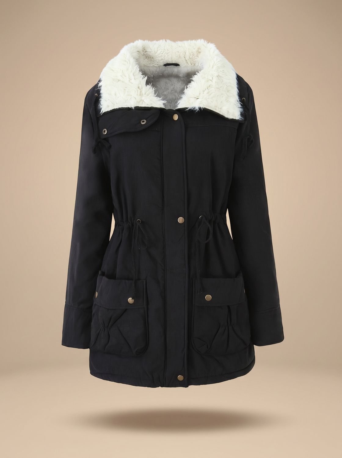 Women's Faux-Fur Collar Drawstring Waist Winter Parka Coat