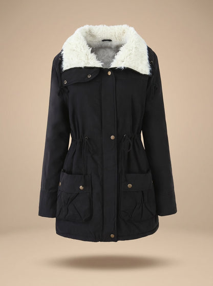 Women's Faux-Fur Collar Drawstring Waist Winter Parka Coat