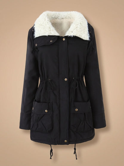 Women's Faux-Fur Collar Drawstring Waist Winter Parka Coat