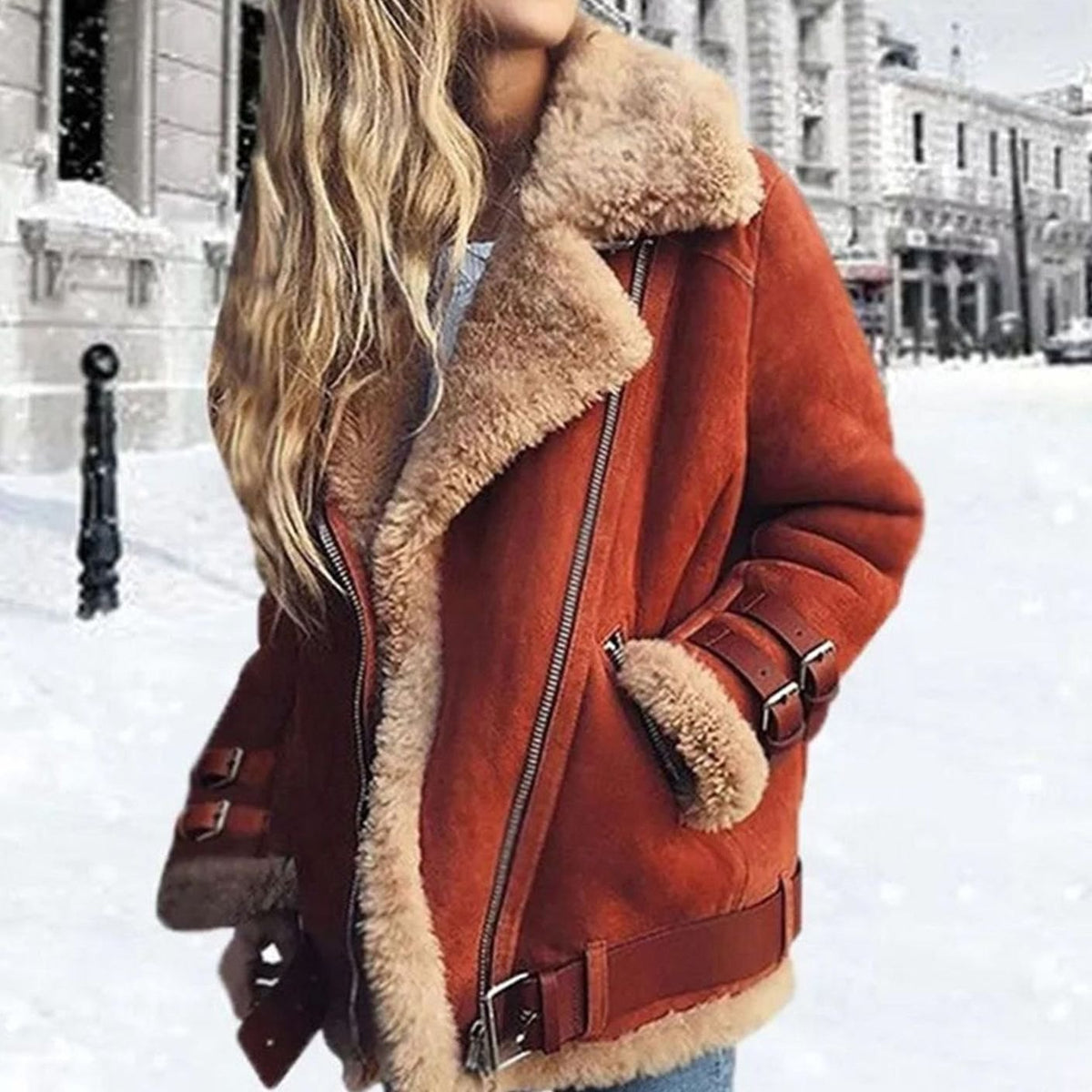 Women's Faux Fur-Lined Shearling Moto Jacket with Buckle and Zip