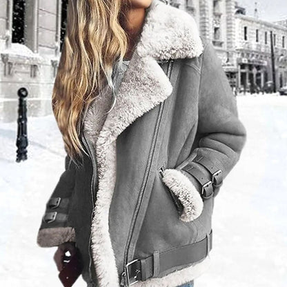 Women's Faux Fur-Lined Shearling Moto Jacket with Buckle and Zip