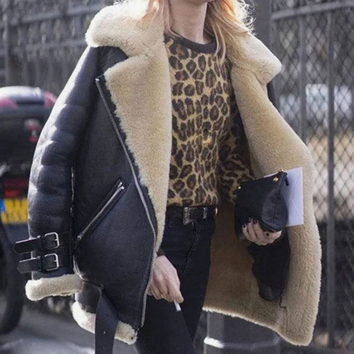 Women's Faux Fur-Lined Shearling Moto Jacket with Buckle and Zip