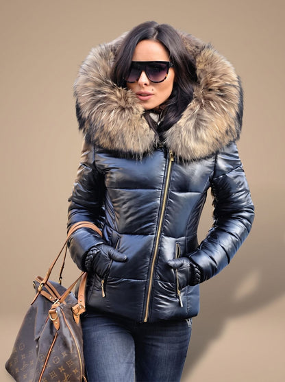 Women's Fitted Zip-Front Quilted Puffer Jacket with Fur Hood
