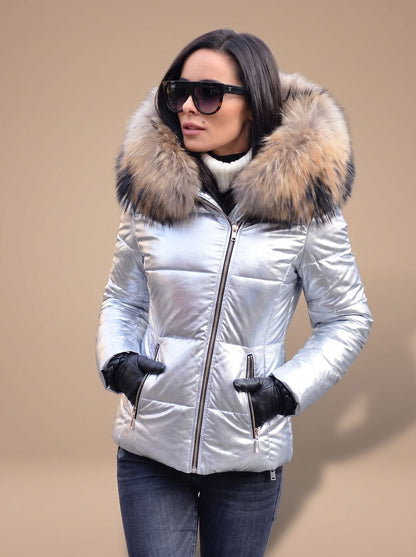Women's Fitted Zip-Front Quilted Puffer Jacket with Fur Hood