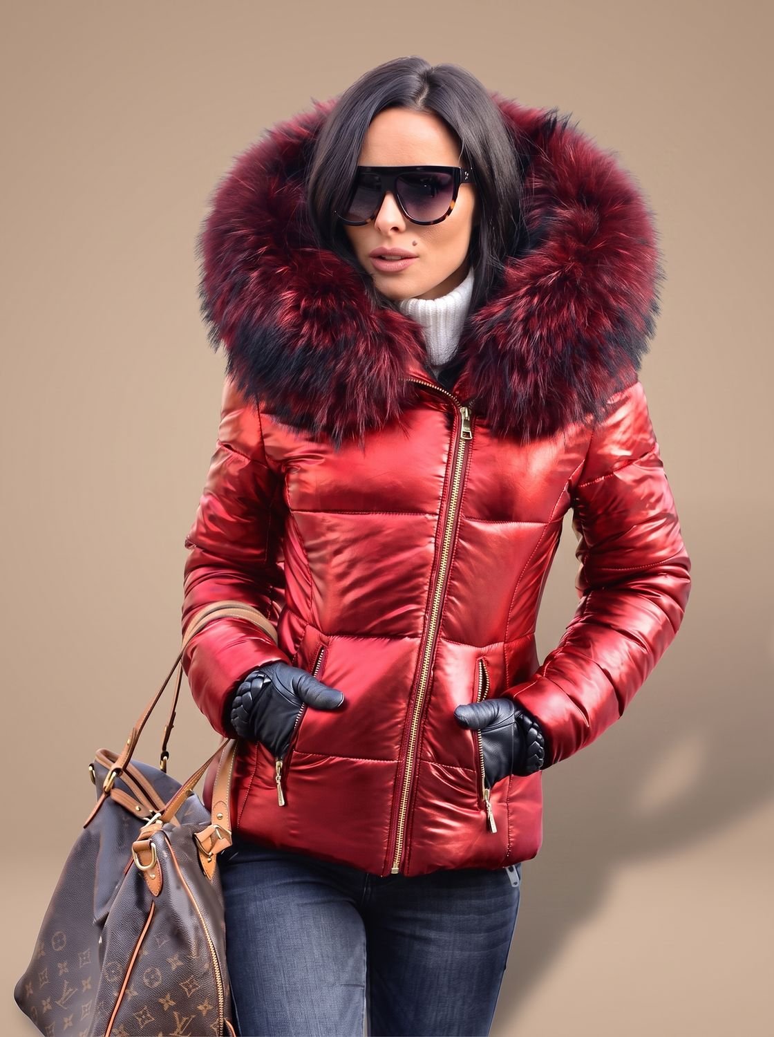 Women's Fitted Zip-Front Quilted Puffer Jacket with Fur Hood