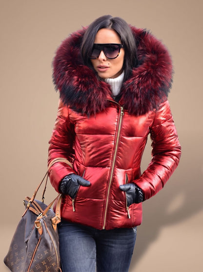 Women's Fitted Zip-Front Quilted Puffer Jacket with Fur Hood