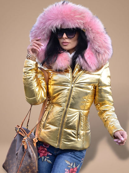 Women's Fitted Zip-Front Quilted Puffer Jacket with Fur Hood