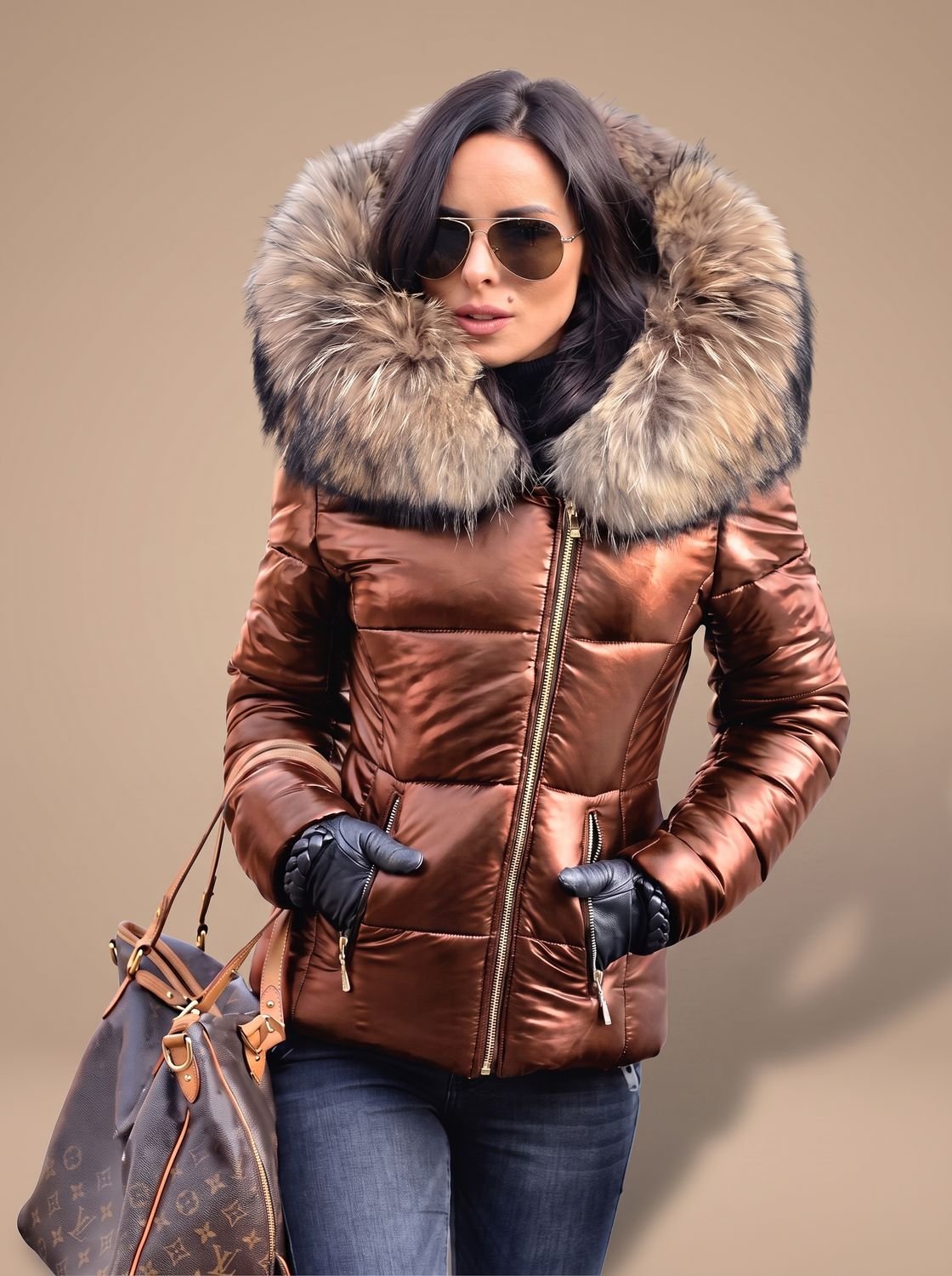 Women's Fitted Zip-Front Quilted Puffer Jacket with Fur Hood