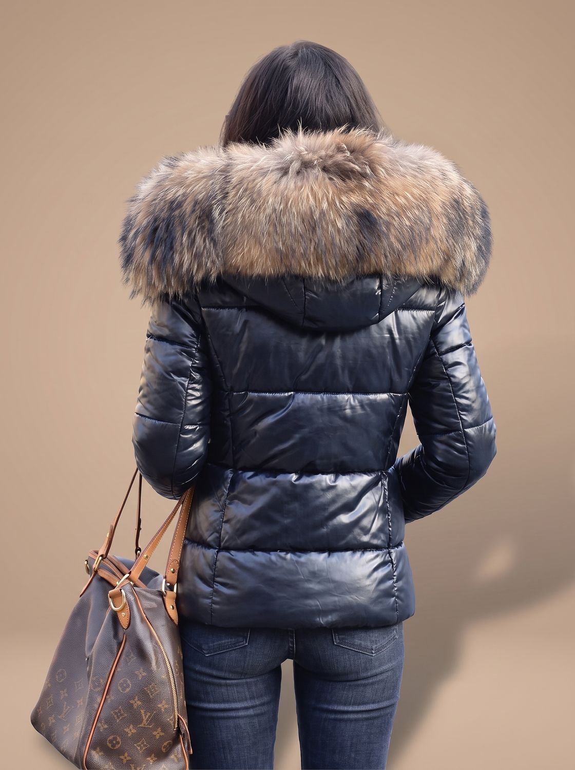 Women's Fitted Zip-Front Quilted Puffer Jacket with Fur Hood