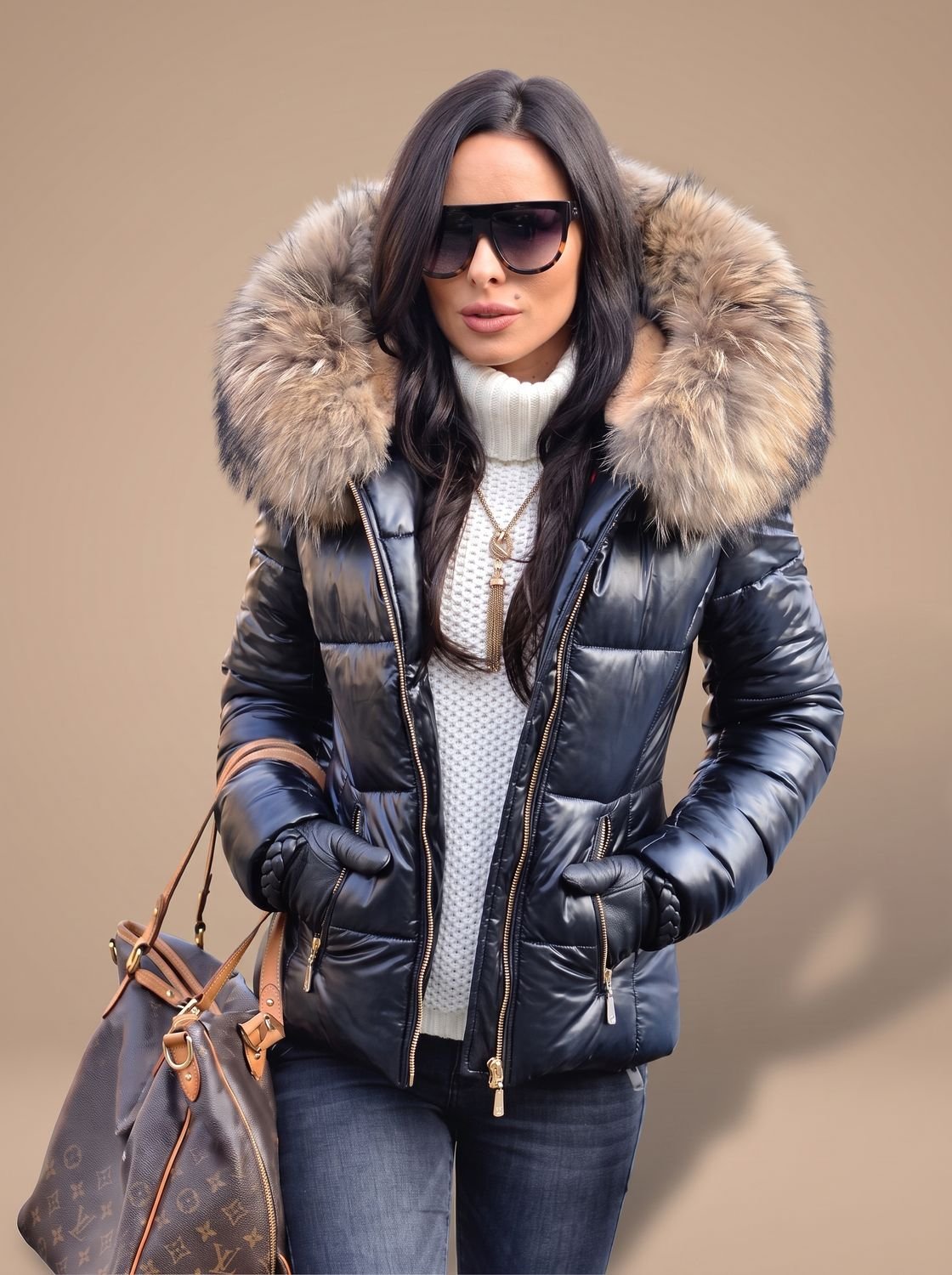 Women's Fitted Zip-Front Quilted Puffer Jacket with Fur Hood