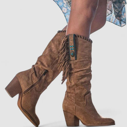 Women's Fringed Suede Block-Heel Knee-High Western Boots
