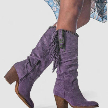 Women's Fringed Suede Block-Heel Knee-High Western Boots