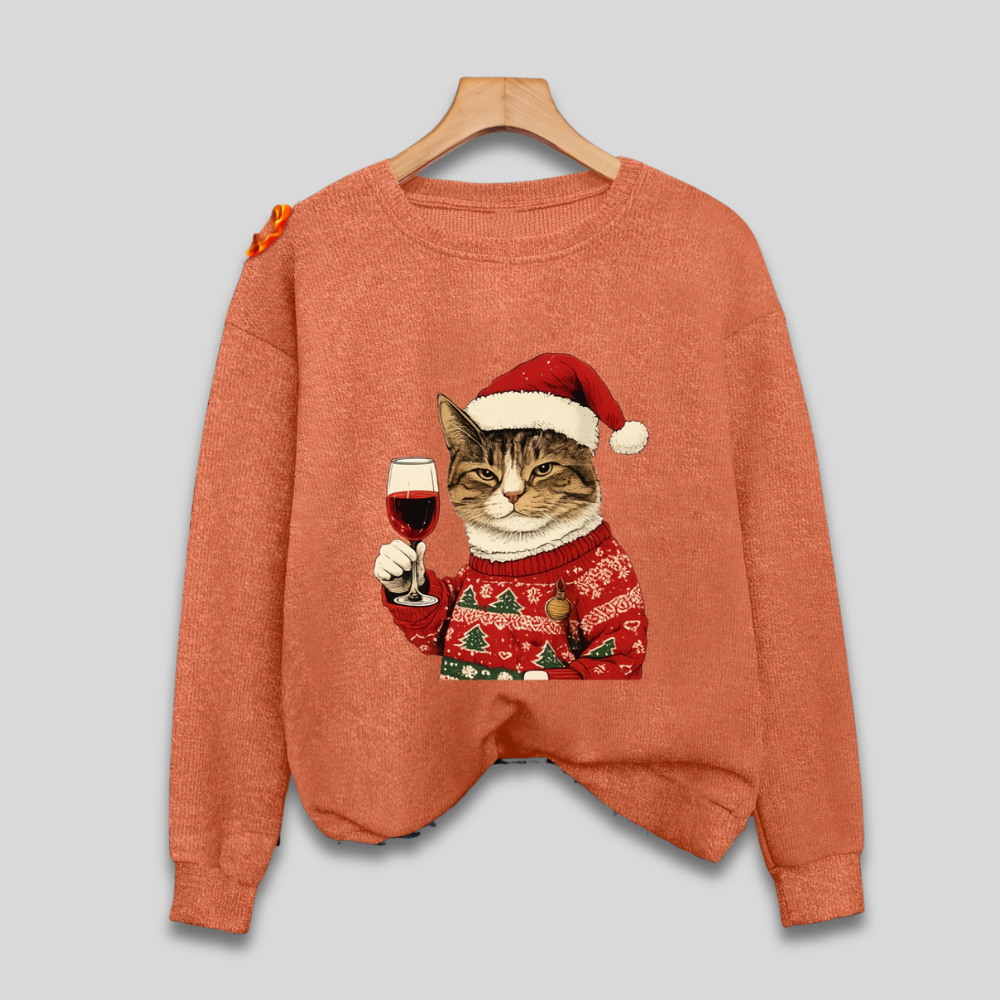 Women's Funny Christmas Sweatshirt with Cat and Santa Claus