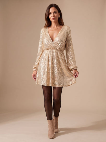 Women's Gold Sequin Long-Sleeve Wrap Mini Christmas Party Dress