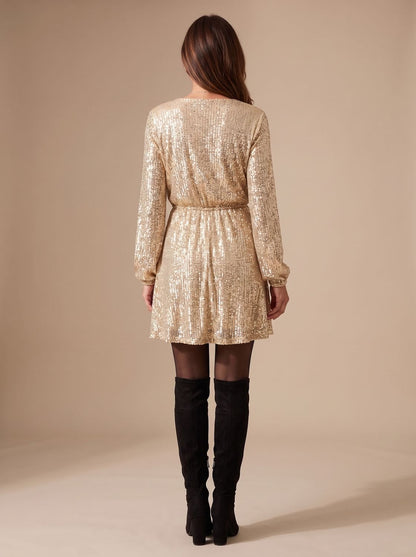 Women's Gold Sequin Long-Sleeve Wrap Mini Christmas Party Dress