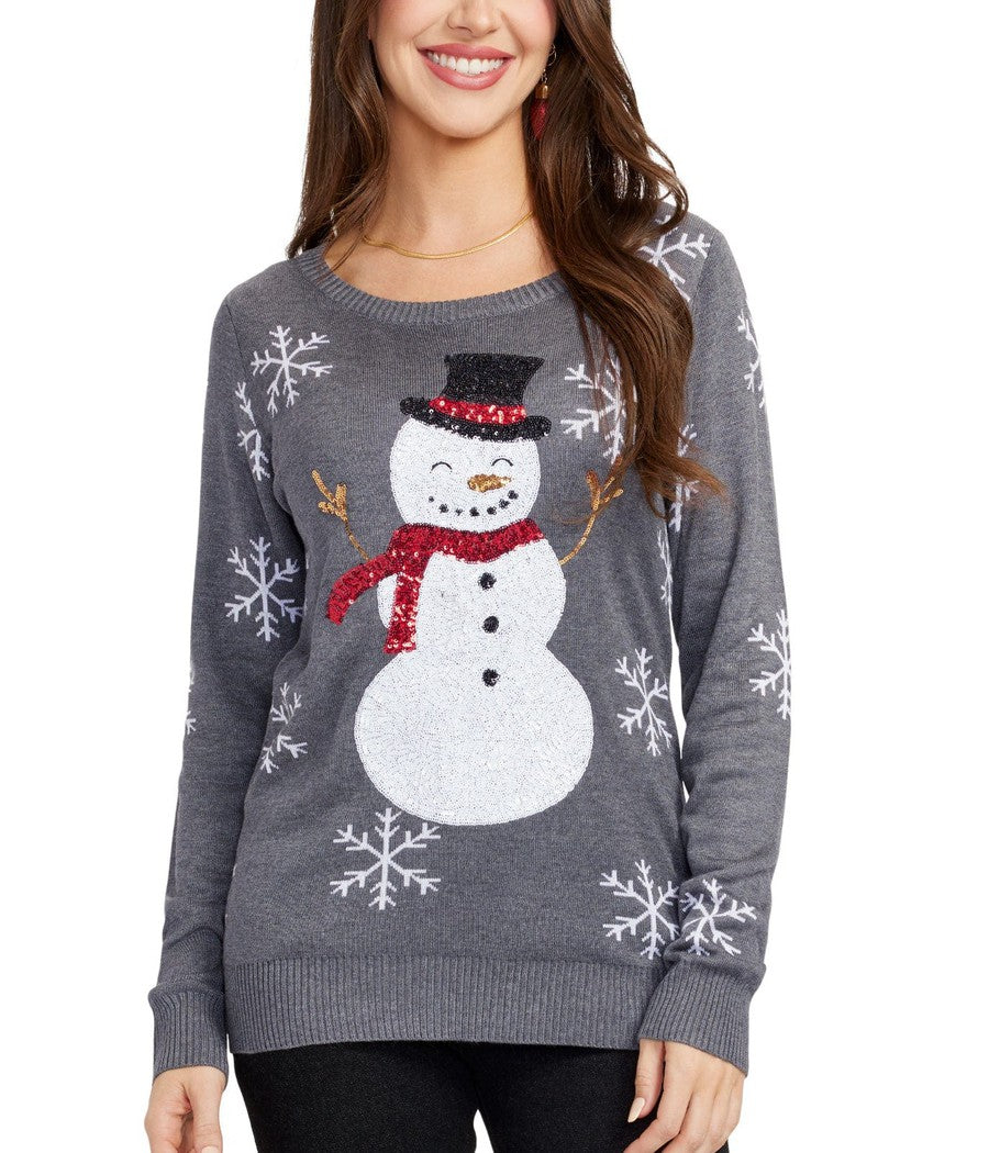 Women's Grey Christmas Sweater with Snowman Motif and Sequined Snowflake Sleeves